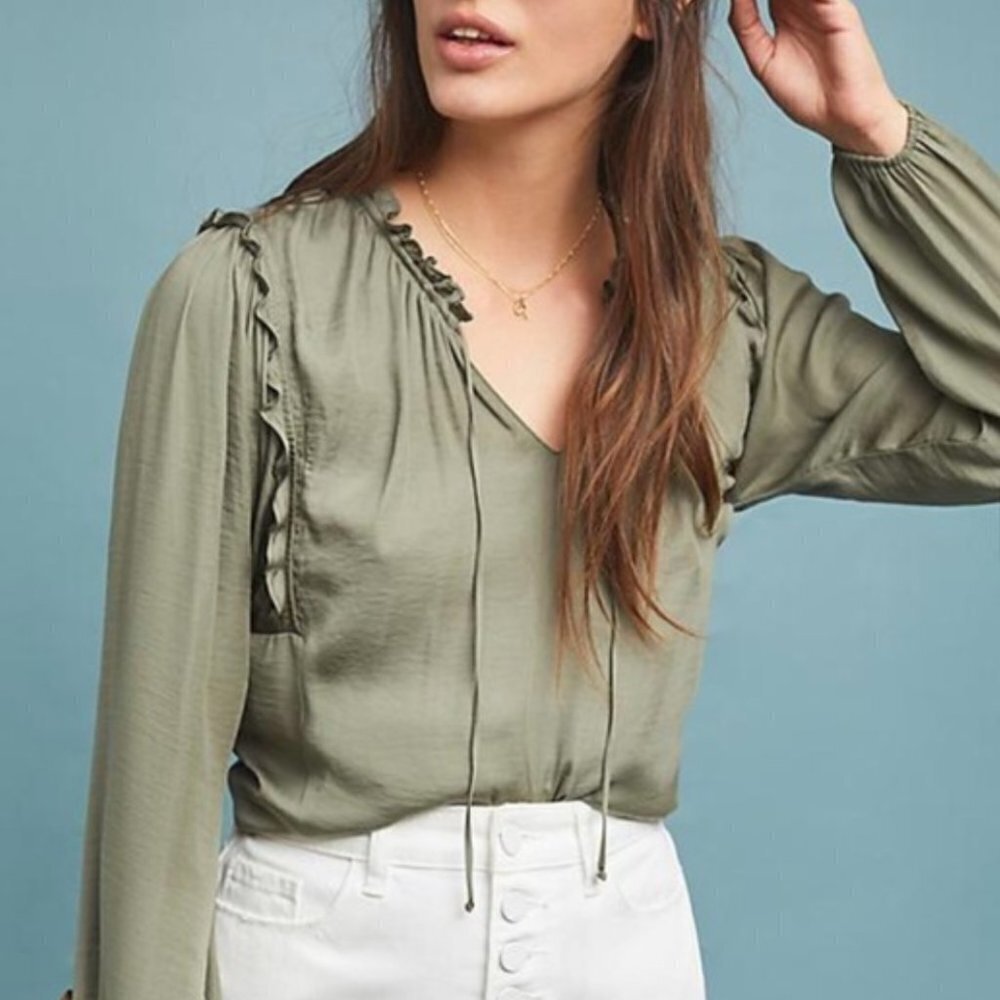 Anthropologie Miramar Shirt Green Size XS Feminine Peasant Boho Ruffle Romantic